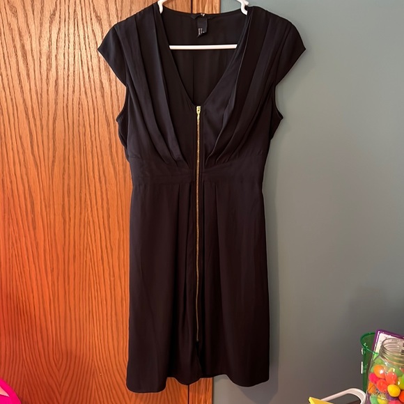 H&M Dresses & Skirts - H&M Little Black Dress Size 8 Gold Zipper V-neck Pleats Defined Waist Party Goth